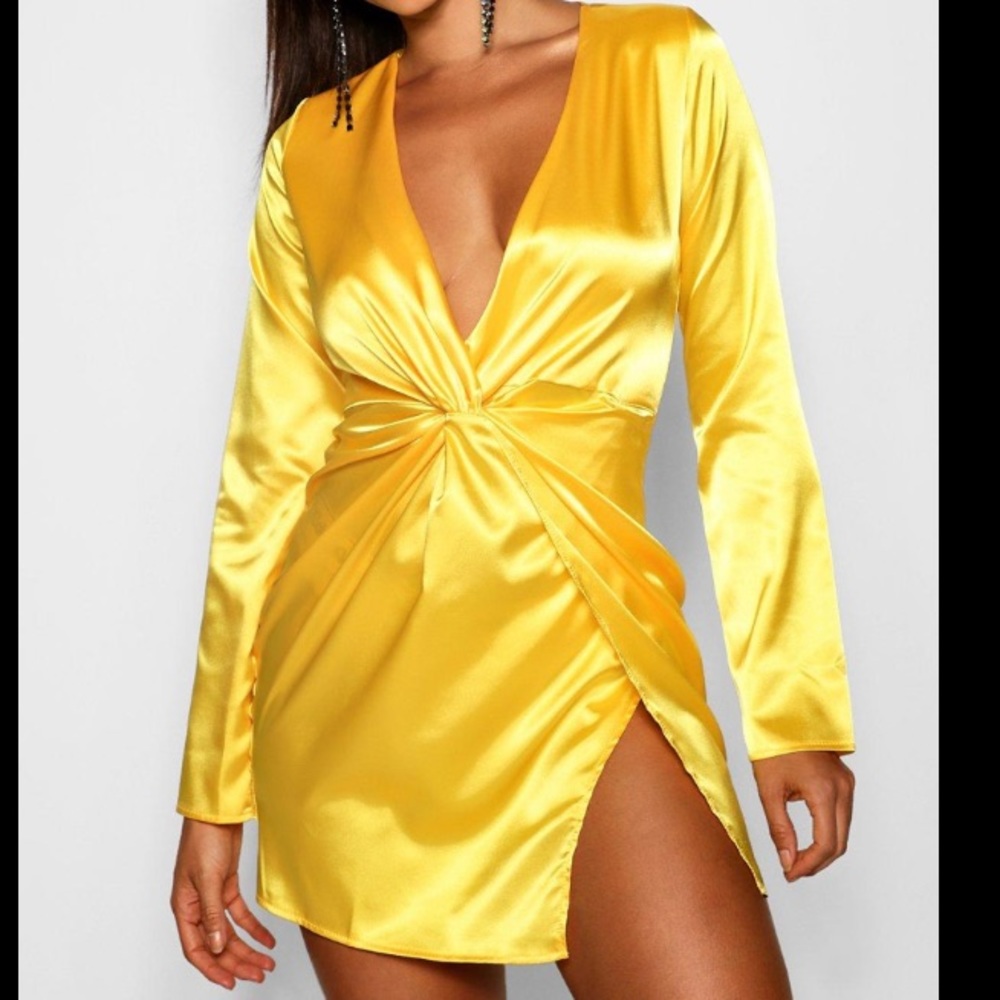 Yellow long sleeve satin dress